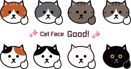 Cartoon face emoticon sets of various cats giving a thumbs up. Vector illustration isolated on a transparent background. Includes eight patterns.