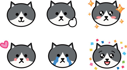 Various face emoticon sets of cartoon gray and white cats. Vector illustration isolated on a transparent background. Includes six patterns.