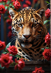 Jaguar, predatory animal, on the background of flowers
