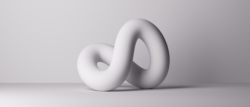 3d render. Abstract background, simple twisted infinity loop inside the white studio. Modern minimalist wallpaper. Light and shadow