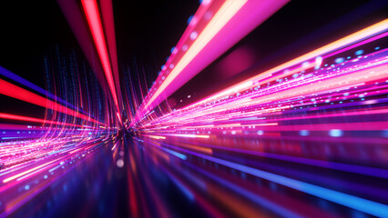 3d render, abstract background of pink blue neon lines glowing in ultraviolet spectrum, and bokeh lights. Data transfer concept. Digital futuristic wallpape