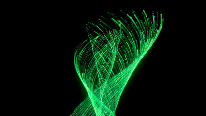 3d render. Abstract vortex of wavy green neon lines in motion, isolated on black background. Unfocussed bokeh lights