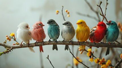 7 birds on a tree branch colorful birds, subtle white and grey background  - Powered by Adobe