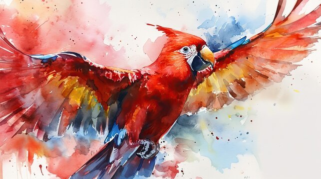a cartoon watercolor parrot bird in the air, looking down -- 