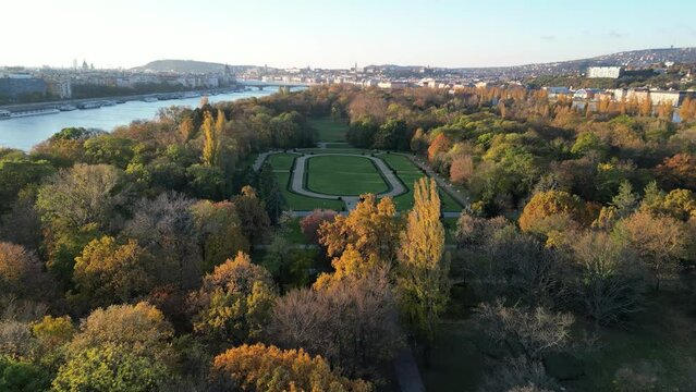Drone footage of the Fenykert, Margitsziget park and gardens on Margaret Island in Budapest, Hungary