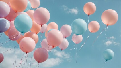 AI-generated illustration of pastel blue and pink helium balloons soaring in the sky - obrazy, fototapety, plakaty