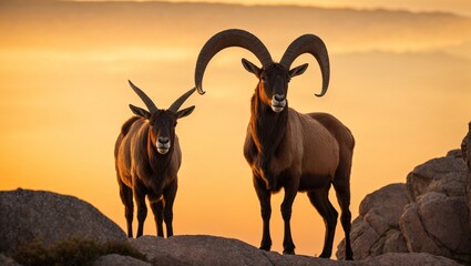 AI-generated illustration of two Iberian ibexes standing nobly atop a rocky outcrop