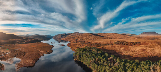 Aerial panoramic view of Glenveagh National Park in Ireland