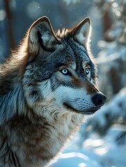 AI generated illustration of a gray wolf atop a snowy rock, intently staring off into the distance