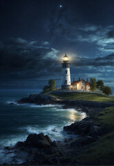 A lighthouse shines at night in the darkness of the sea