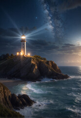 A lighthouse shines at night in the darkness of the sea