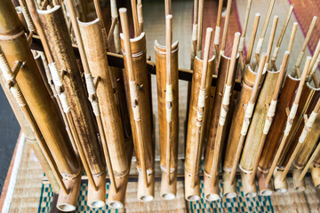 Angklung, folk musical instrument among the Sundanese people in Indonesia. Indonesian traditional musical instrument is made of bamboo. 