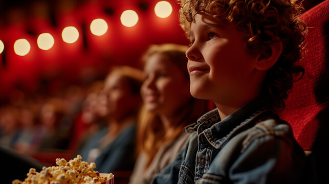 AI generated illustration of a boy sitting sitting in a theater with popcorn and enjoying a movie