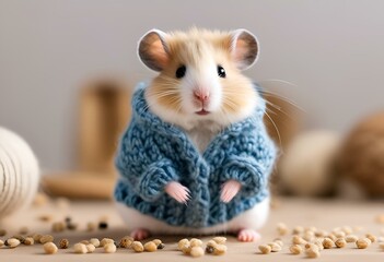 AI generated illustration of an adorable hamster wearing a blue woven sweater