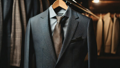 Gray suit on hanger, brown tie and black chief, white shirt, close-up - obrazy, fototapety, plakaty