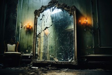 An old broken mirror with cracks in an abandoned haunted house. - obrazy, fototapety, plakaty