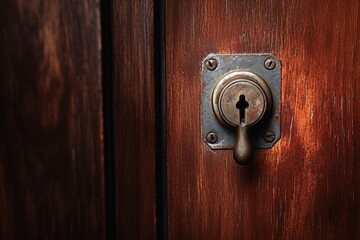 An old metal keyhole on a weathered wooden door.