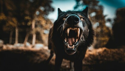AI generated illustration of a black wolf staring intently with its mouth agape - obrazy, fototapety, plakaty