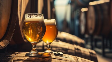 AI generated illustration of two beer glasses sitting side-by-side on top of a wooden barrel