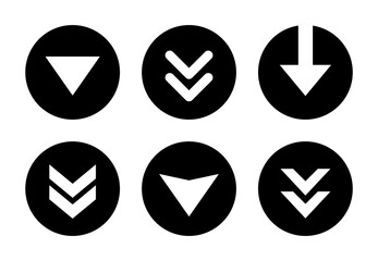 Swipe down arrow button icon set on black circle. Scroll button vector