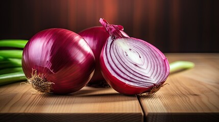 Portrait red onion on the wooden table AI Generative