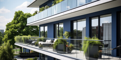 Fototapeta na wymiar Contemporary Apartment Balcony Overlooking Lush Greenery