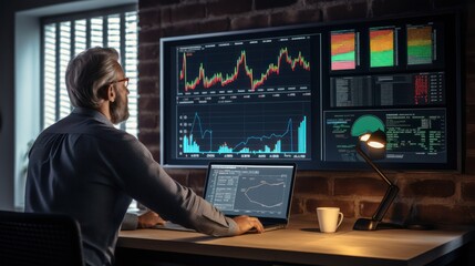 analyst uses computer and dashboard for data business analysis and Data Management System with KPI and metrics connected to the database for technology finance, operations, sales, marketing