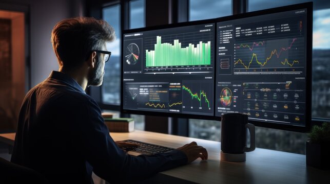 analyst uses computer and dashboard for data business analysis and Data Management System with KPI and metrics connected to the database for technology finance, operations, sales, marketing