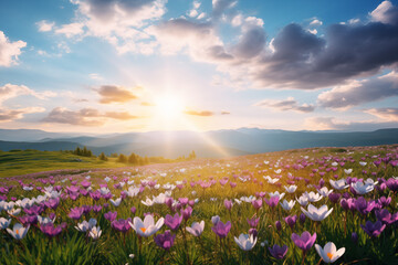 A field of spring flowers at sunrise