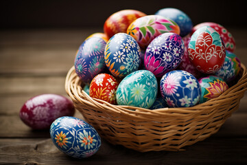 Fototapeta na wymiar easter eggs in a wicker basket