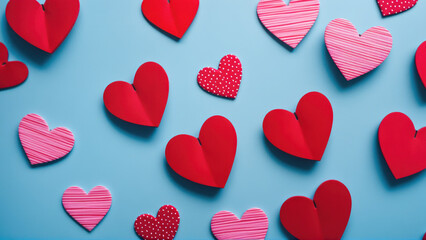 A bunch of red and pink hearts on a blue background