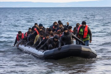 Fictional view of many refugees on a rubber dinghy.