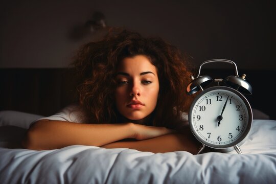 A woman waking up from her alarm clock looking very annoyed.