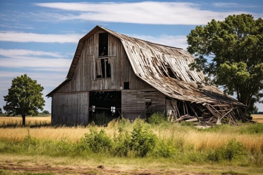 An old barn on a green field.