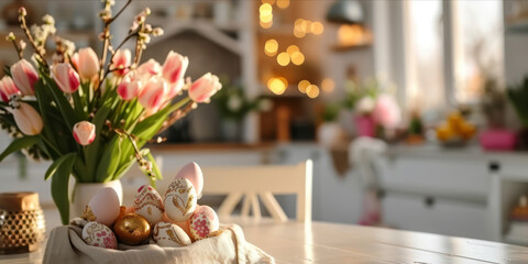 Naklejka na ściany i meble A festive Easter table setting featuring a bouquet of pink tulips and a bowl of decorated eggs with golden patterns in a warmly lit room. web banner design