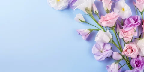 Tuinposter Spring flowers. Bouquet of LISIANTHUS AND EUSTOMA flowers on pastel background. Valentine's Day, Easter, Birthday, Happy Women's Day, Mother's Day. Flat lay, top view, copy space for text © megavectors