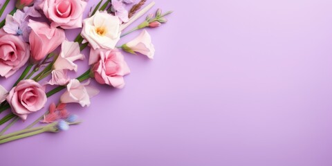 Spring flowers. Bouquet of LISIANTHUS AND EUSTOMA flowers on pastel background. Valentine's Day, Easter, Birthday, Happy Women's Day, Mother's Day. Flat lay, top view, copy space for text