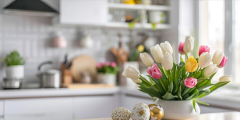 Colorful tulips in a white vase with decorative Easter eggs on a modern kitchen counter, with a...