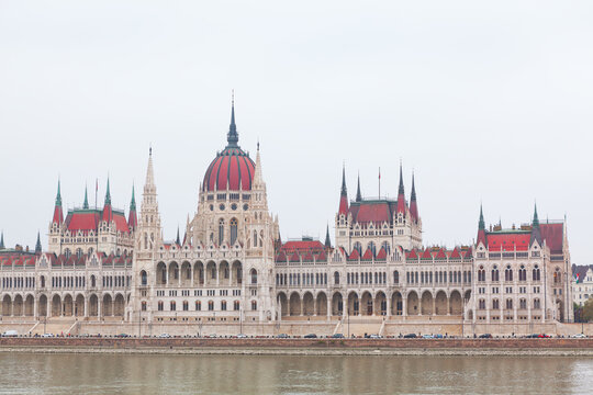 The Hungarian Parliament Building in Budapest, Hungary on a cloudy day