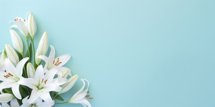 Spring flowers lily. Bouquet of flowers on pastel background. Valentine's Day, Easter, Birthday, Happy Women's Day, Mother's Day. Flat lay, top view, copy space for text