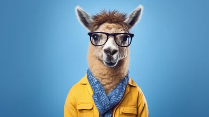 Foto op Plexiglas A llama with glasses and a yellow jacket on a blue background. © Enigma