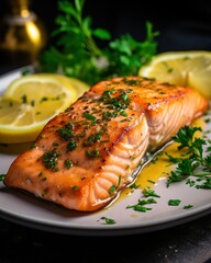 Grilled salmon with lemon butter sauce.