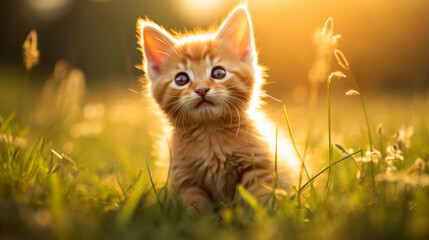 Naklejka na ściany i meble An adorable orange kitten with bright eyes in a sunlit field.
