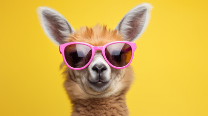 A llama with pink sunglasses on a yellow background.