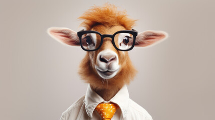 A llama wearing glasses and a tie against a beige background.