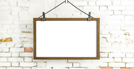 Blank white poster hanging on brick wall. transparent template frame mock-up with shadow, png. Empty frame. Poster layout.