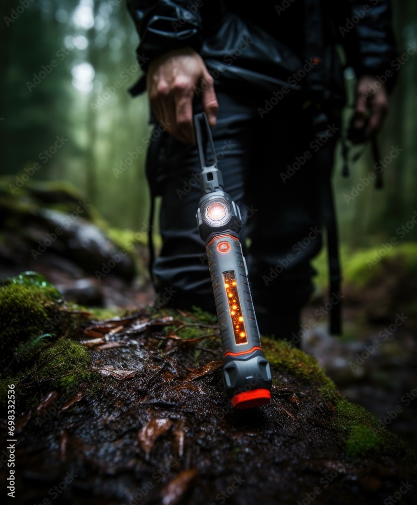 Poster A person holding a flashlight in the woods. Generative AI.