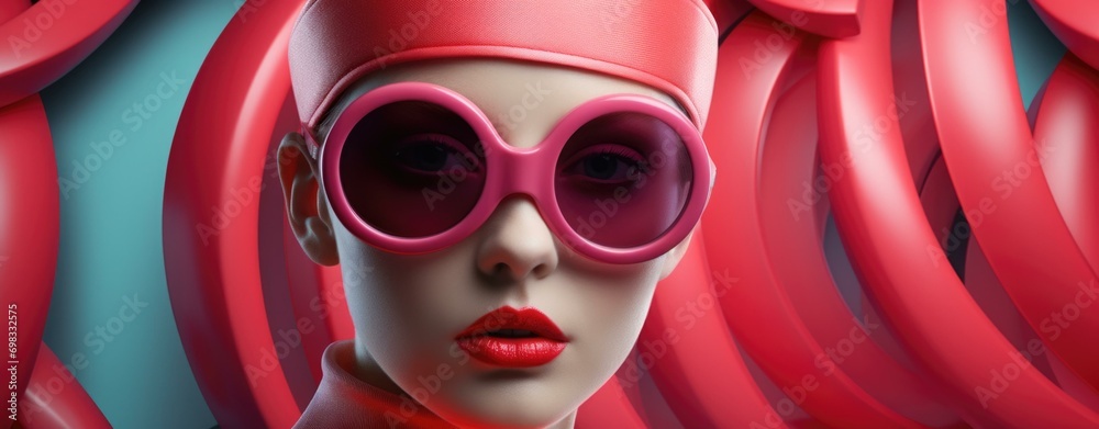 Poster A stylish woman with red glasses and a pink hat. Generative AI.