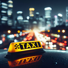 Fast Night Glowing Yellow Taxi, Roof Sign on Top of a Car Against a Blurry Nighttime Cityscape....