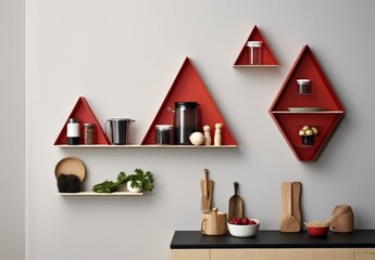A space-saving, wall-mounted storage system featuring a set of magnetic, modular kitchen utensils with red triangles for a modern, organized kitchen. Generative AI.